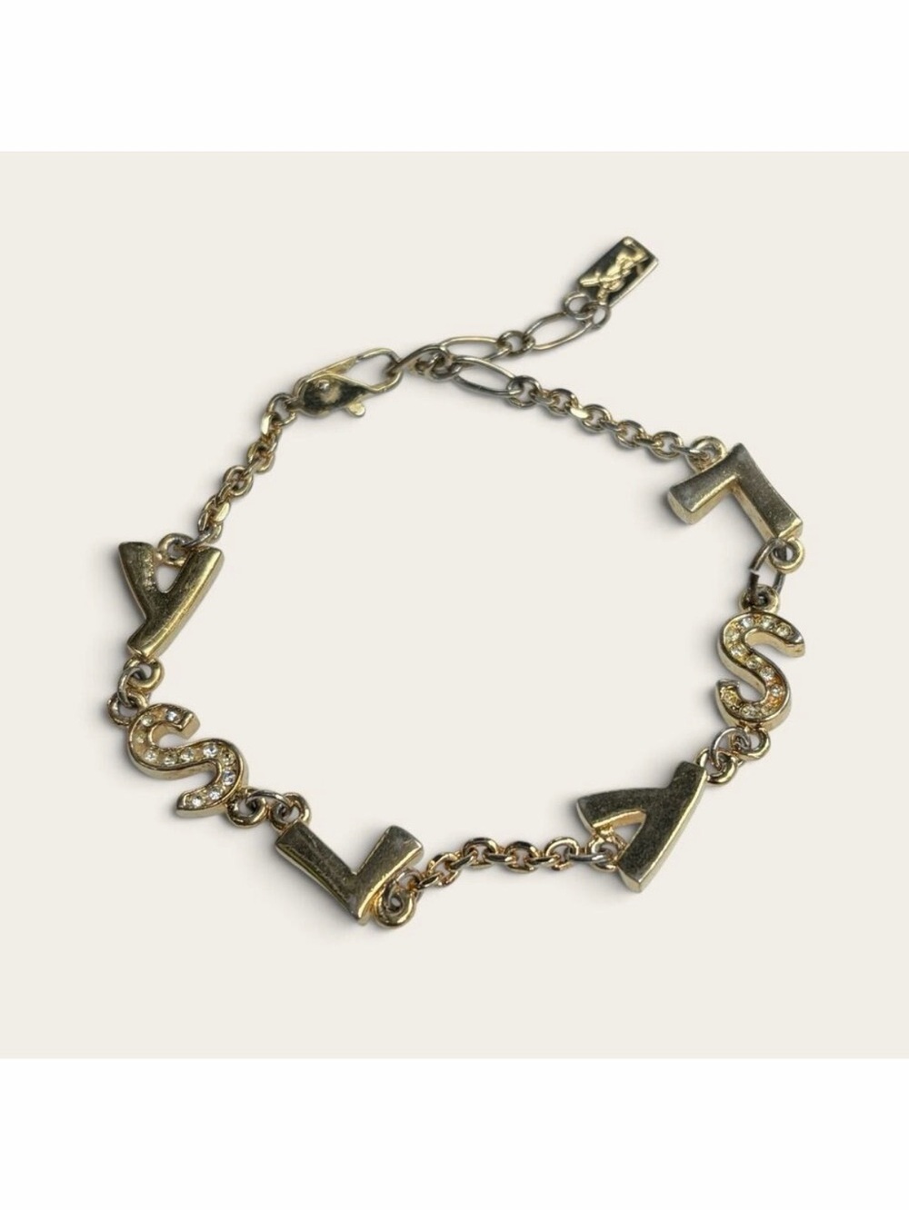 Vintage YSL Yves Saint Laurent Gold-Tone Crystal Letter Charm Chain Bracelet